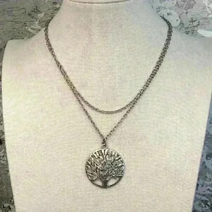 Silver Necklace with Pendant of Tree with Chipped Stones